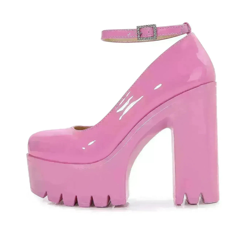 Women's New Thick Sole Shallow Mouth Round Toe Thick Heel Shoes Platform Heel Buckle Shoe Pink Shoe - EX-STOCK CANADA