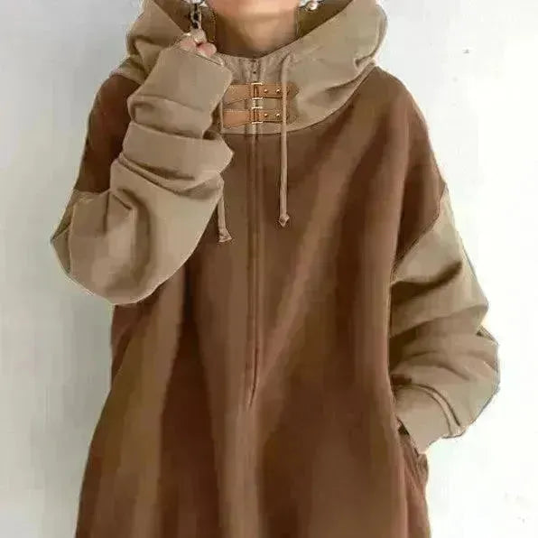 Women's Patchwork Color Loose Hooded Long-sleeve Zipper Sweater - EX-STOCK CANADA