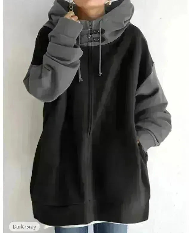 Women's Patchwork Color Loose Hooded Long-sleeve Zipper Sweater - EX-STOCK CANADA