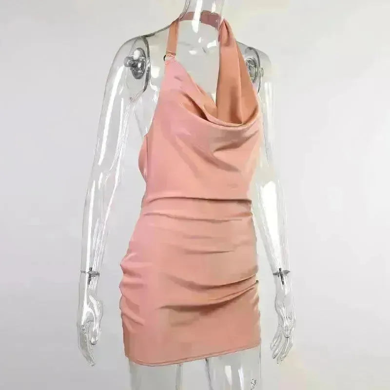 Women's Satin V Neck Backless No Sleeveless Summer Party Dress - EX-STOCK CANADA
