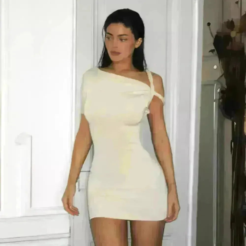Women's Slim Hip Dress Summer Fashion One-shoulder Short Sleeve Solid Color Mini Dress - EX-STOCK CANADA
