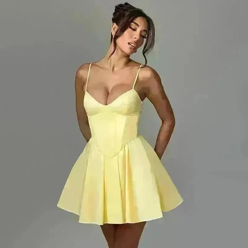 Women's Sling A- Line Sleeveless Sexy Mini Dress Clinched Waist Slim-fit flared dress - EX-STOCK CANADA
