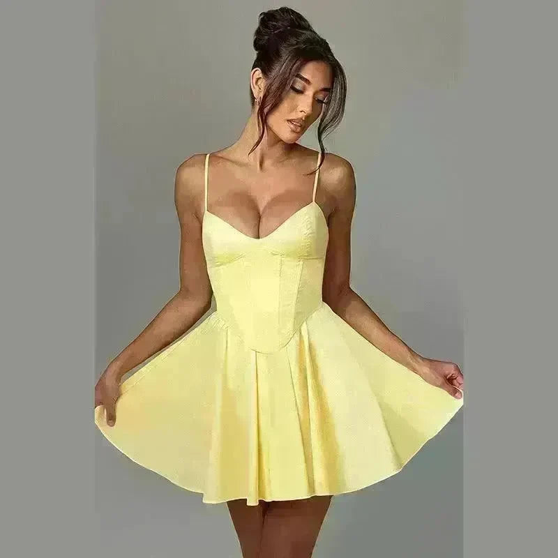 Women's Sling A- Line Sleeveless Sexy Mini Dress Clinched Waist Slim-fit flared dress - EX-STOCK CANADA