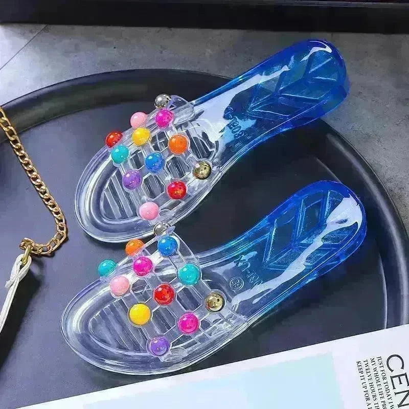 Women's Summer Crystal Pearl Outer Wear Soft Bottom Transparent Beach Shoes - EX-STOCK CANADA