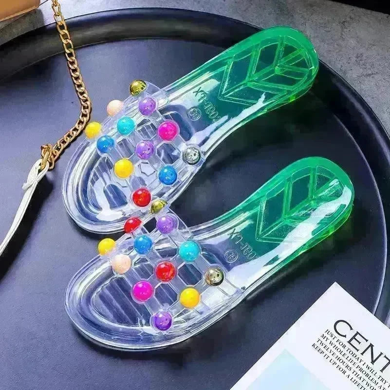 Women's Summer Crystal Pearl Outer Wear Soft Bottom Transparent Beach Shoes - EX-STOCK CANADA