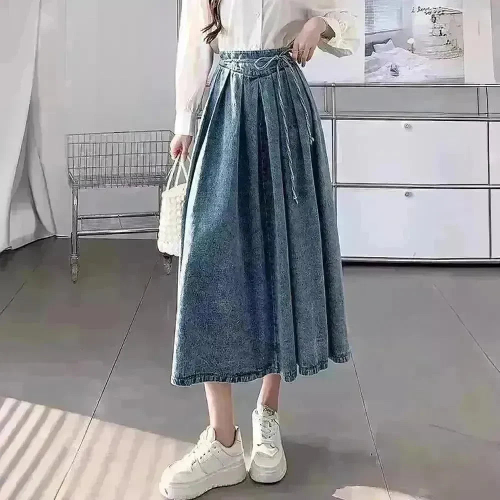 Women's Temperament High Waist Denim Pleated Mid-length Skirt - EX-STOCK CANADA