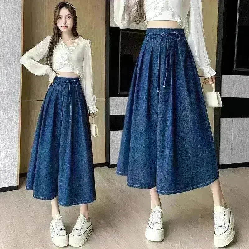 Women's Temperament High Waist Denim Pleated Mid-length Skirt - EX-STOCK CANADA