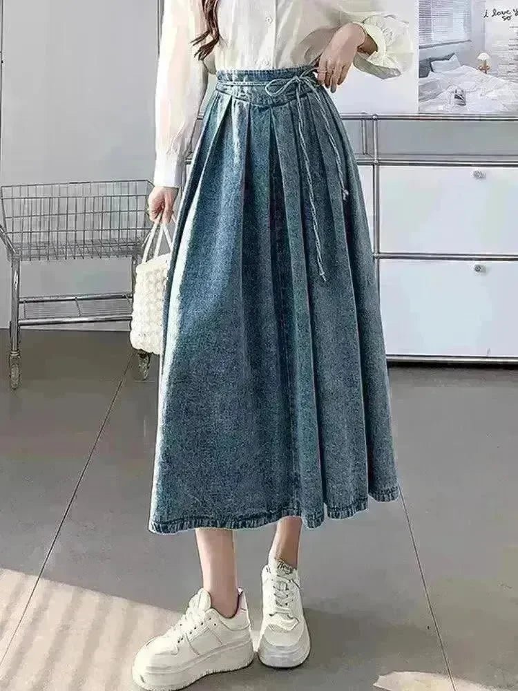 Women's Temperament High Waist Denim Pleated Mid-length Skirt - EX-STOCK CANADA