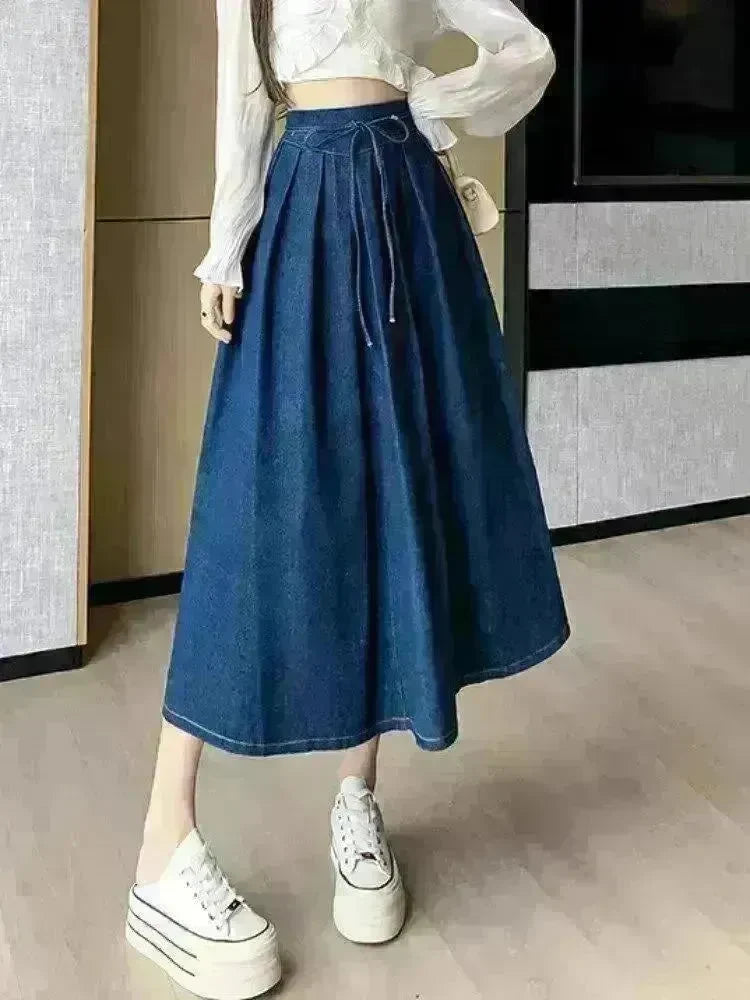 Women's Temperament High Waist Denim Pleated Mid-length Skirt - EX-STOCK CANADA