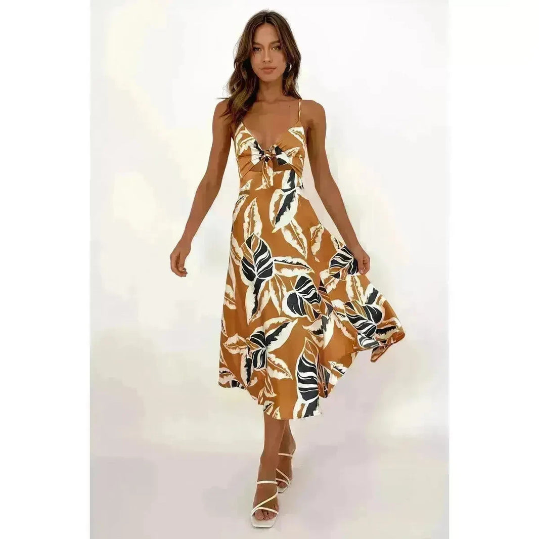 Women Sweet Tie-neck Split Sleeveless Floral Midi Dress - EX-STOCK CANADA