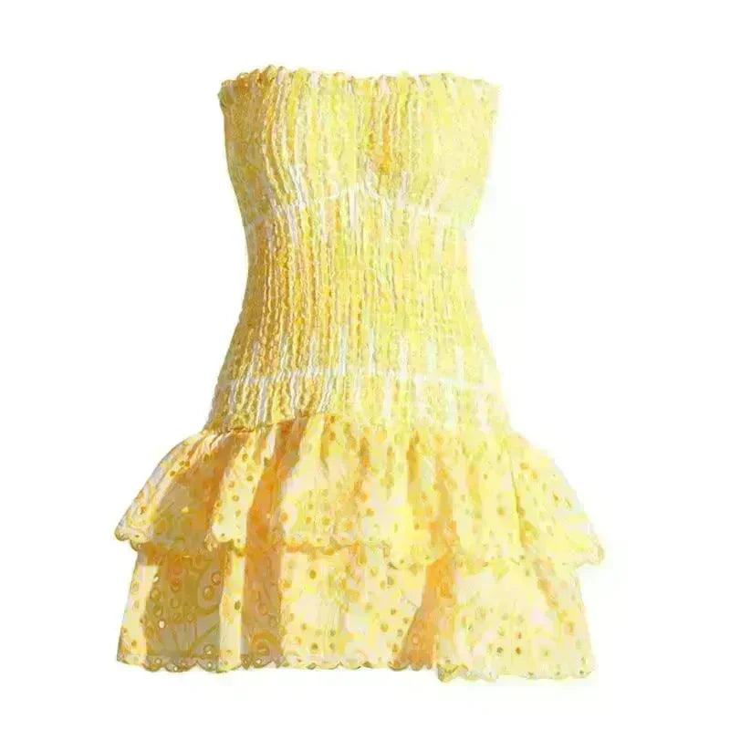 Wrapped Chest Embroidered Cotton Stretch Waist Shaping Ruffled Vacation Jumpsuit Skirt - EX-STOCK CANADA