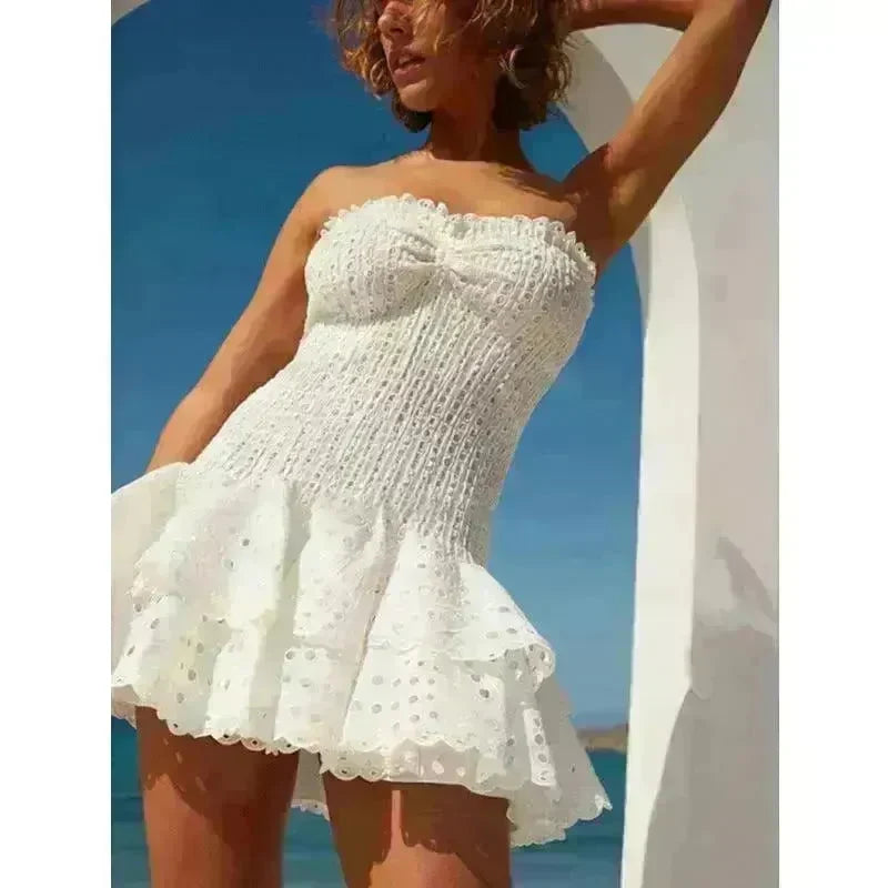 Wrapped Chest Embroidered Cotton Stretch Waist Shaping Ruffled Vacation Jumpsuit Skirt - EX-STOCK CANADA