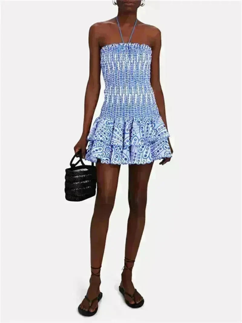 Wrapped Chest Embroidered Cotton Stretch Waist Shaping Ruffled Vacation Jumpsuit Skirt - EX-STOCK CANADA