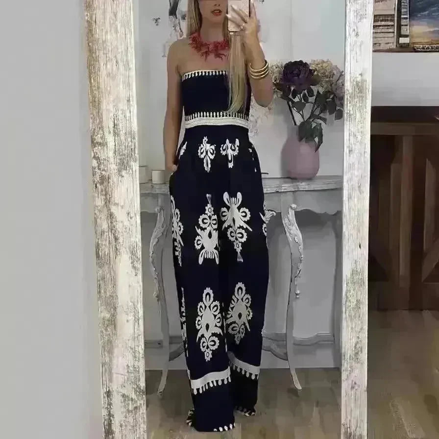 Wrapped Chest Printed Jumpsuit, High Waisted Casual Pants For Women - EX-STOCK CANADA