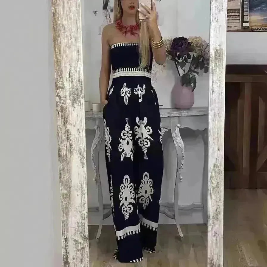 Wrapped Chest Printed Jumpsuit, High Waisted Casual Pants For Women - EX-STOCK CANADA