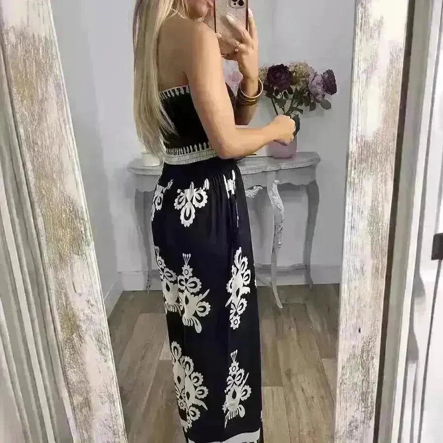 Wrapped Chest Printed Jumpsuit, High Waisted Casual Pants For Women - EX-STOCK CANADA