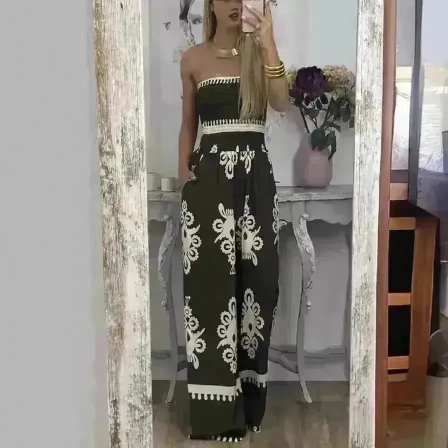 Wrapped Chest Printed Jumpsuit, High Waisted Casual Pants For Women - EX-STOCK CANADA