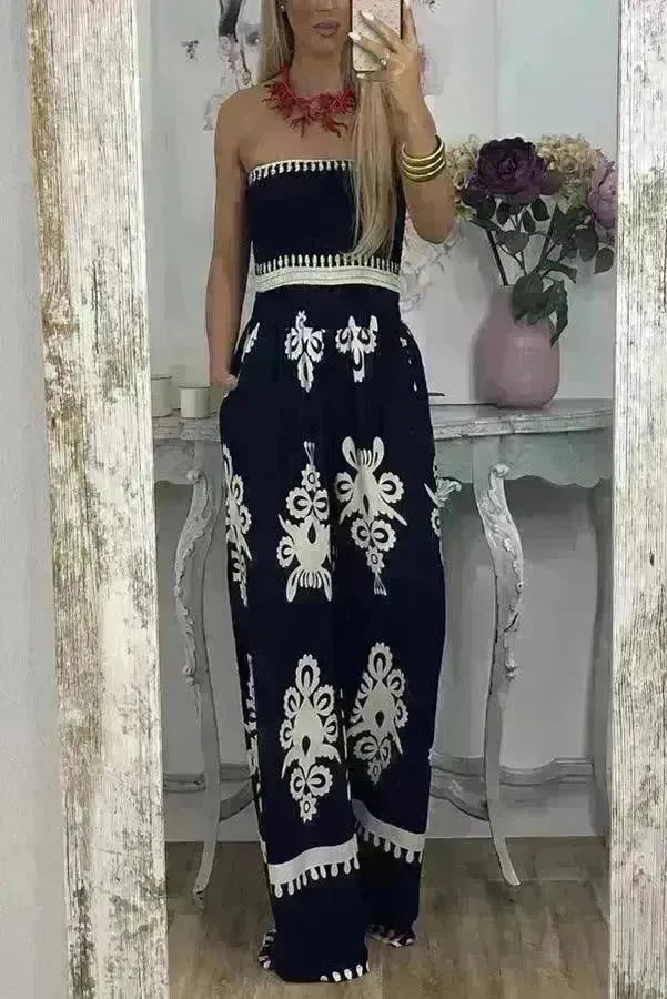 Wrapped Chest Printed Jumpsuit, High Waisted Casual Pants For Women - EX-STOCK CANADA