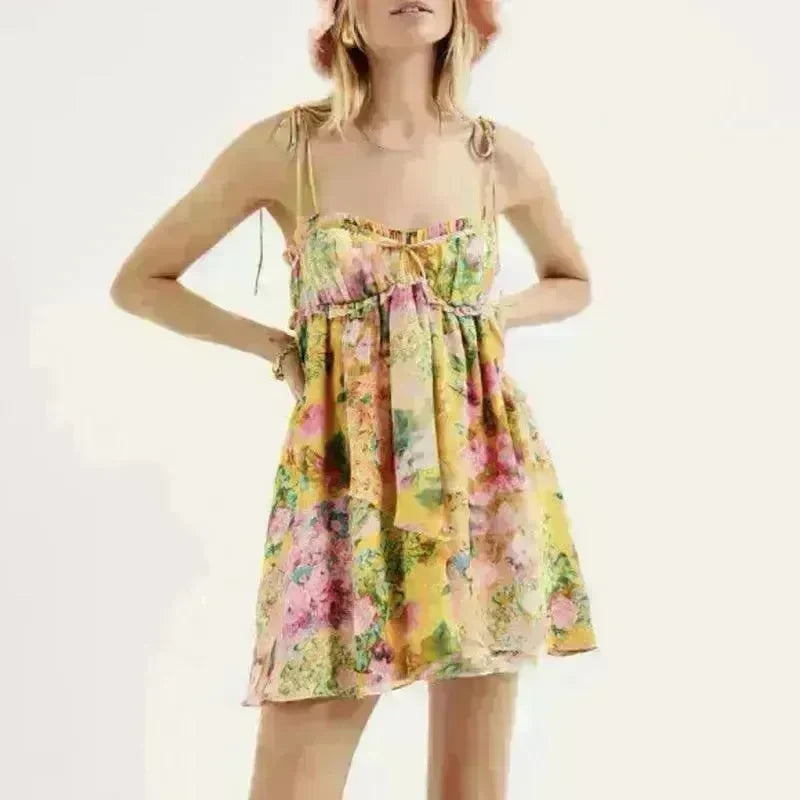 Y2K Flowers Print Suspender Dress Summer Fashion Ruffled Holiday Beach Short Dresses Womens Clothing - EX-STOCK CANADA