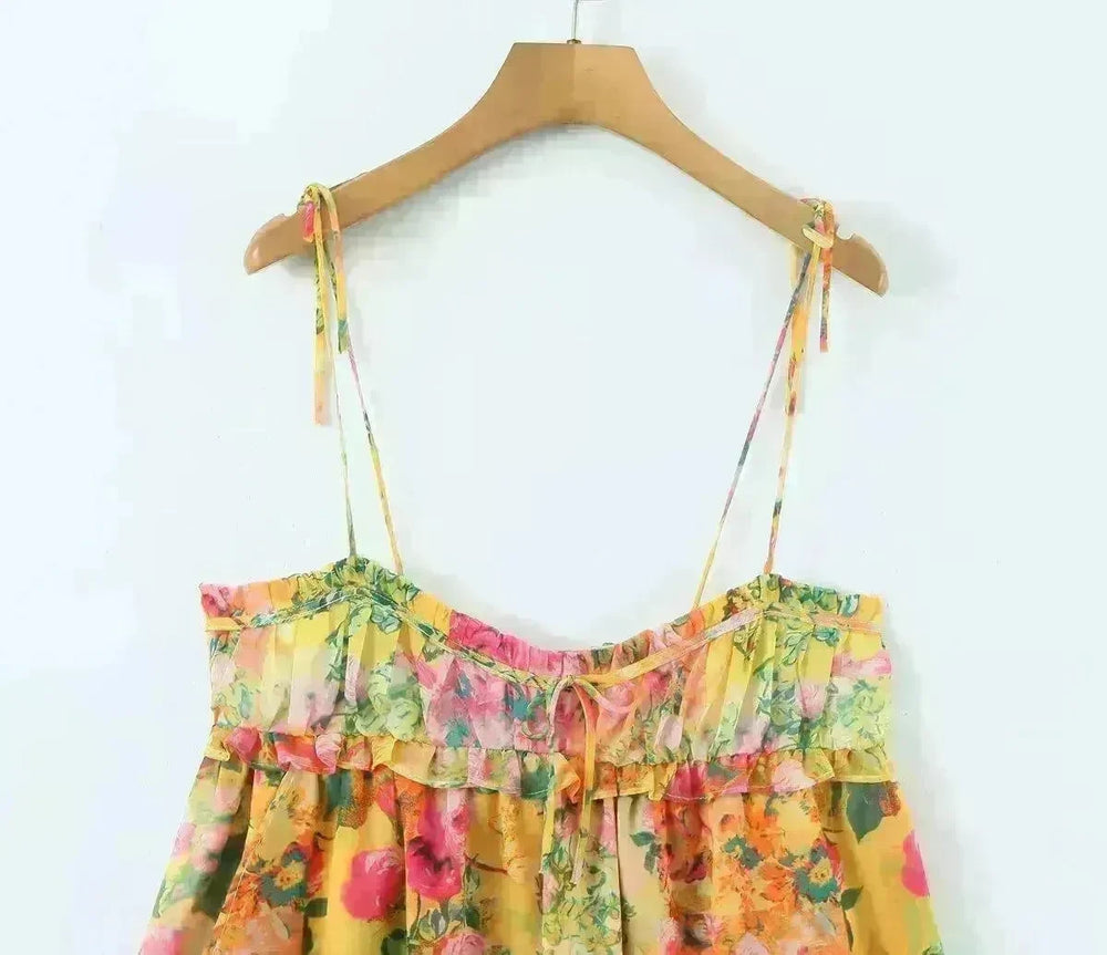 Y2K Flowers Print Suspender Dress Summer Fashion Ruffled Holiday Beach Short Dresses Womens Clothing - EX-STOCK CANADA