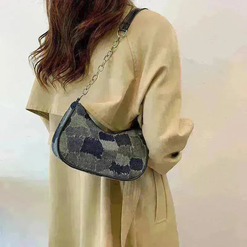 Denim Shoulder Simple Plaid Patchwork Underarm Women Bag - EX-STOCK CANADA