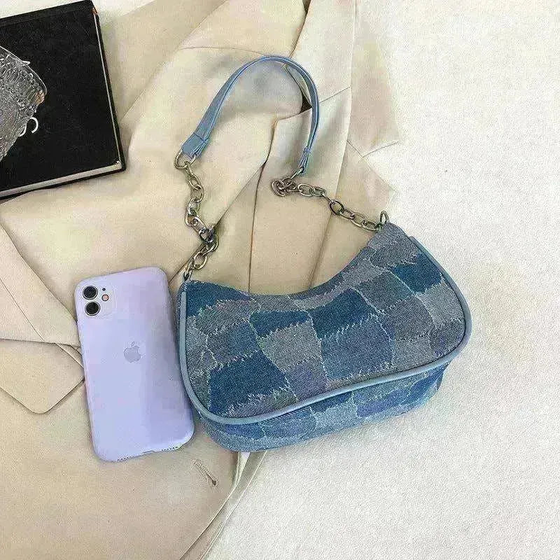 Denim Shoulder Simple Plaid Patchwork Underarm Women Bag - EX-STOCK CANADA