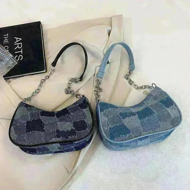 Denim Shoulder Simple Plaid Patchwork Underarm Women Bag - EX-STOCK CANADA